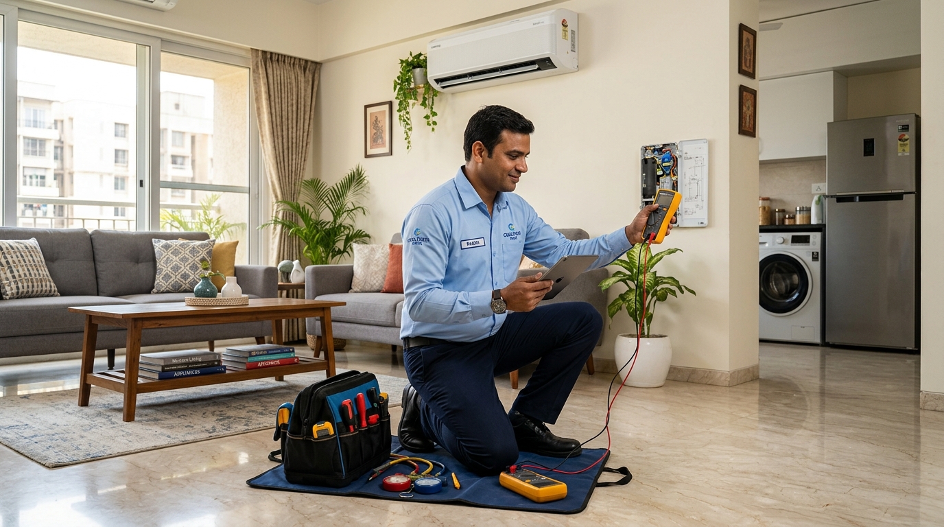 Professional Indian technician servicing appliances in an Indian home context